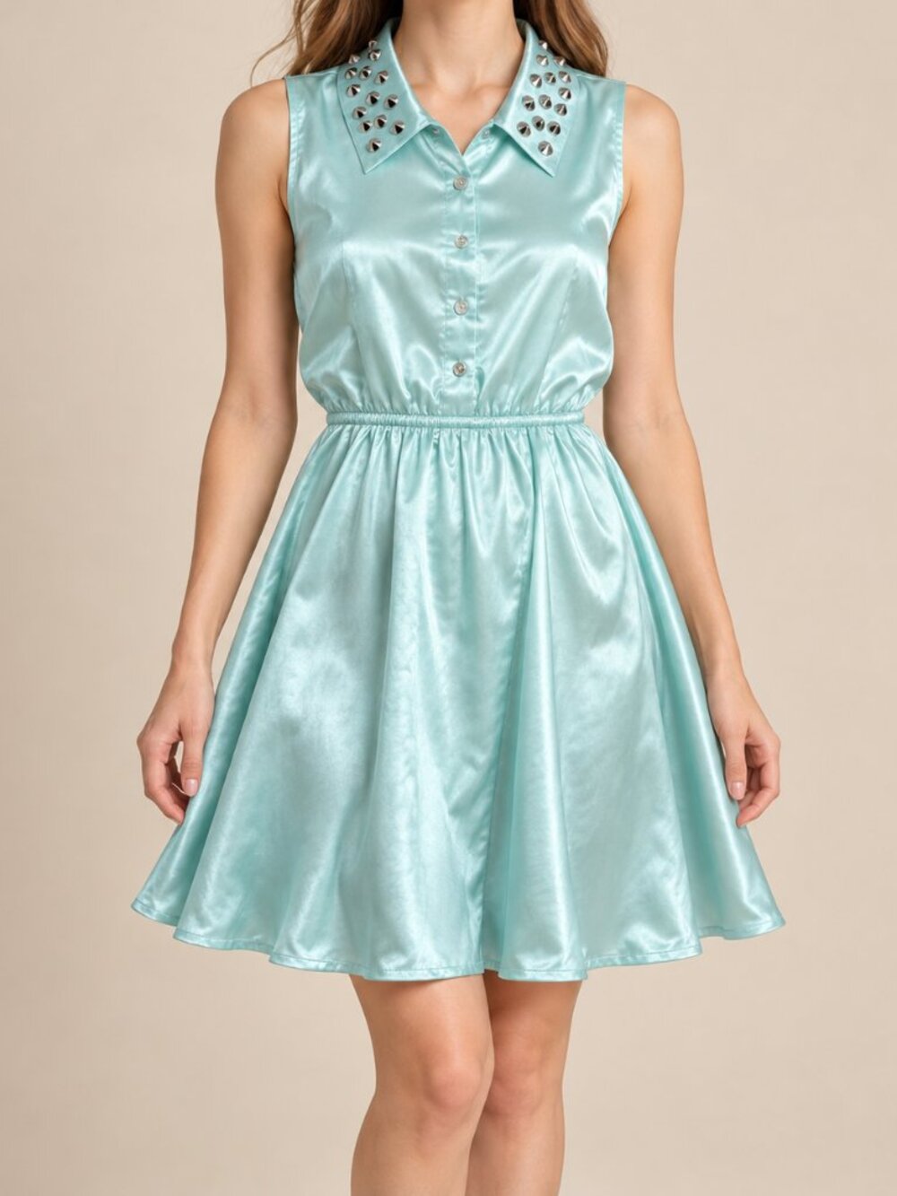 Pinky Mint Green Satin Studded Collar Sleeveless Dress Size S NWT